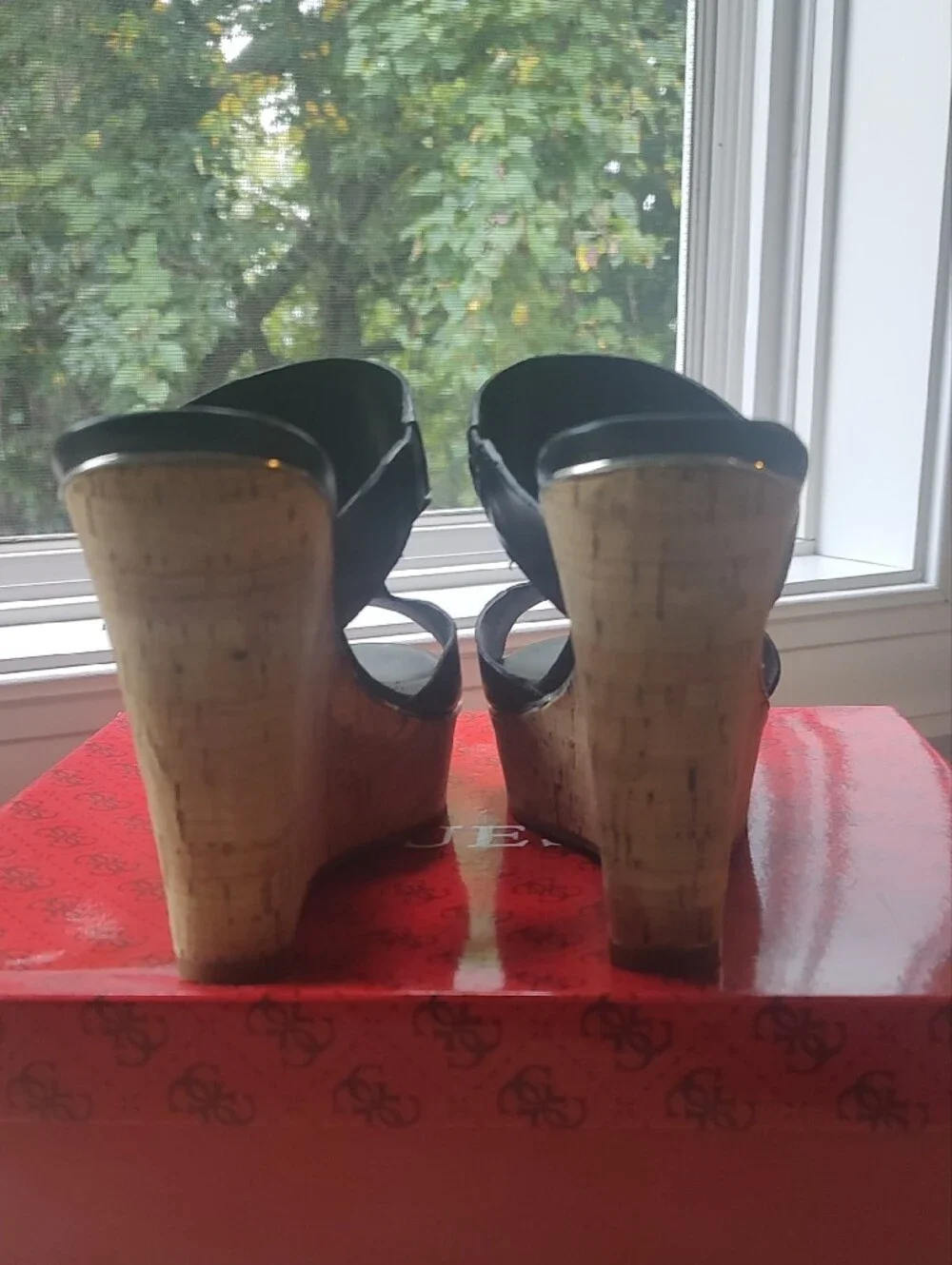 Guess Black Leather Cork Wedge Sandals